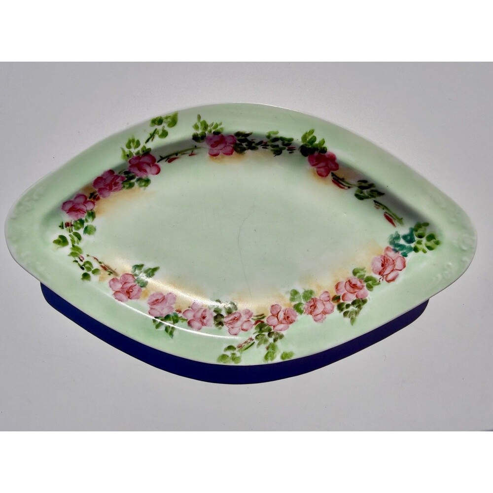 Royal Austria Porcelain Leaf Dish Pink Roses Hand-Painted Scalloped Edge